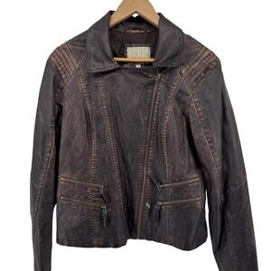 BKE Moto Jacket Womens L Large Faux Leather Burgundy Chain Accent Sideways Zip
